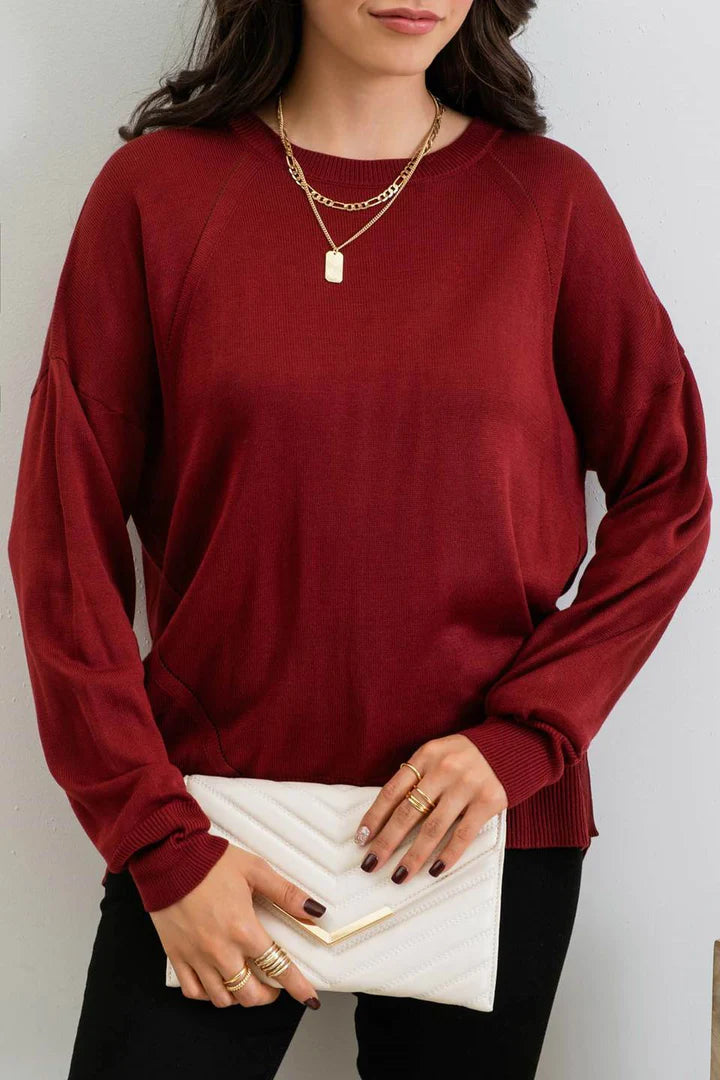 Burgundy Solid Back Button Pullover Sweater