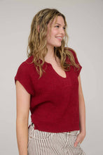 Load image into Gallery viewer, SPLIT NECK SHORT SLEEVE KNIT PULLOVER : RED