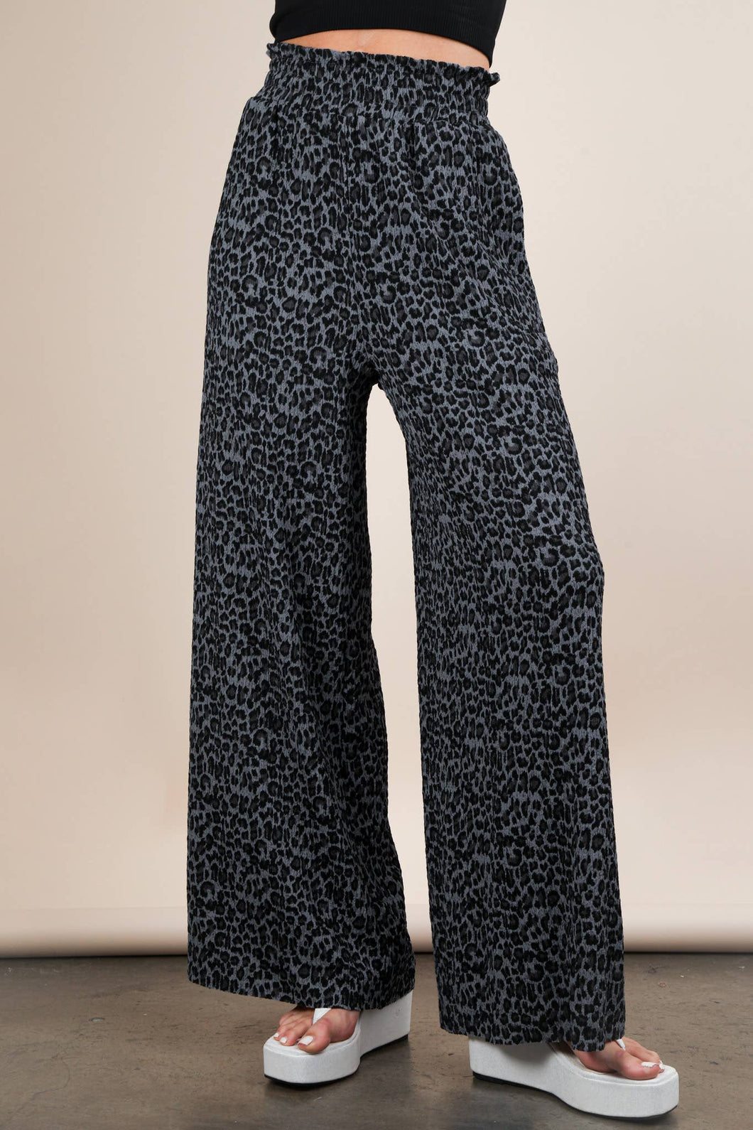 Gray Leopard Print Wide Leg Pants