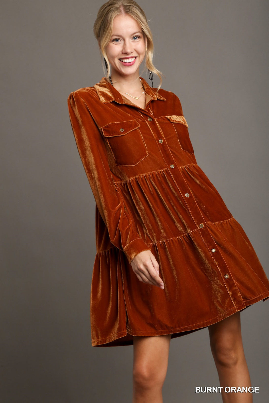 Cinnamon Velvet Pocketed Tiered Dress