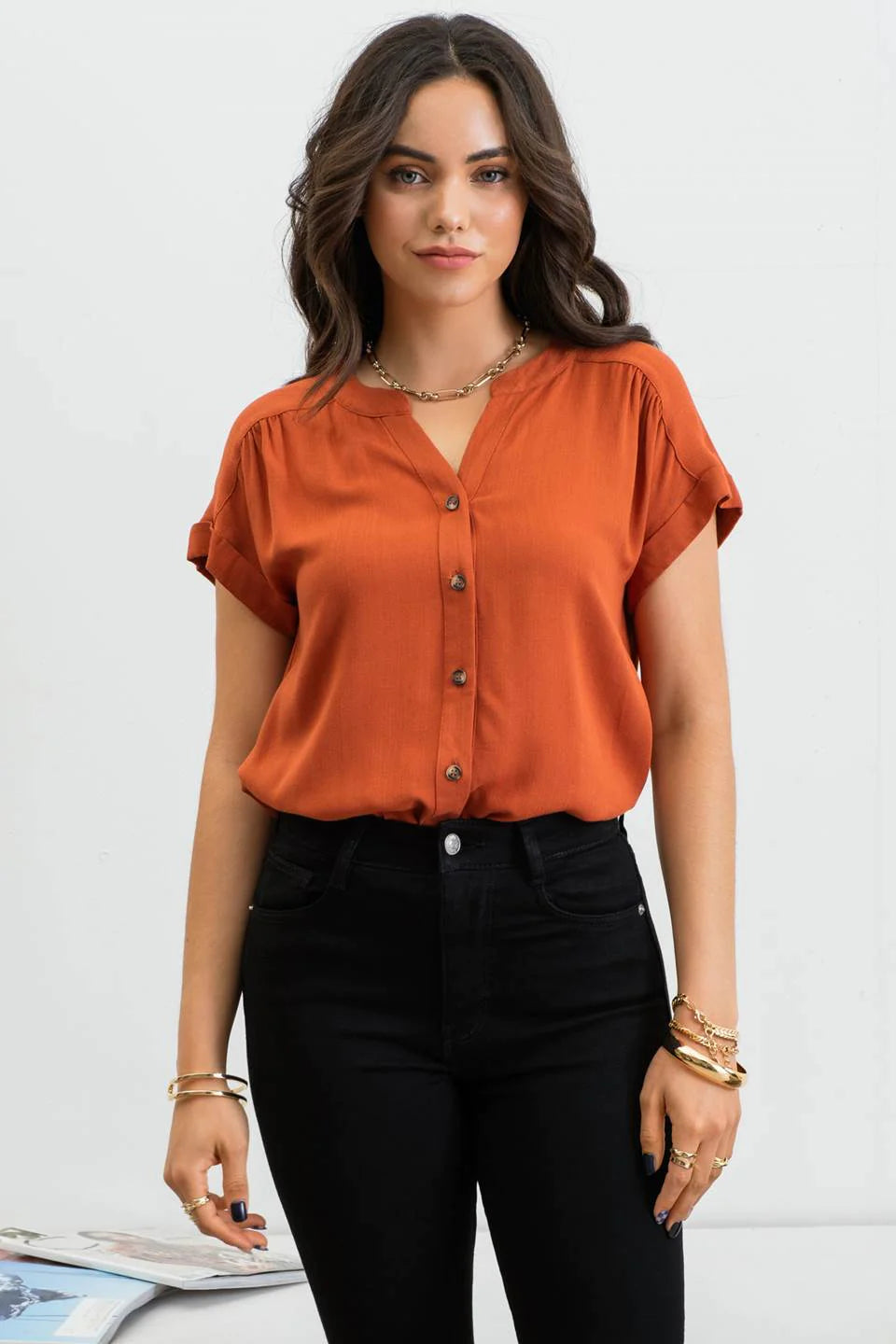 Rust Rolled Sleeve Top